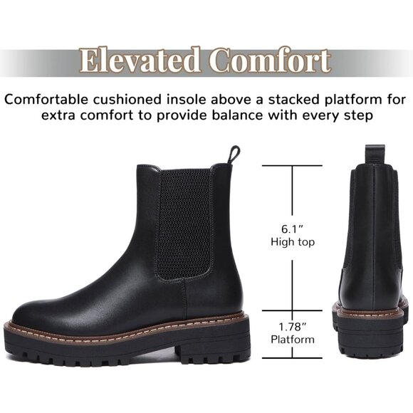 Athlefit Women Black Chelsea Wedge Platform Slip on Lug Sole Elastic Ankle Boot - Picture 2 of 6